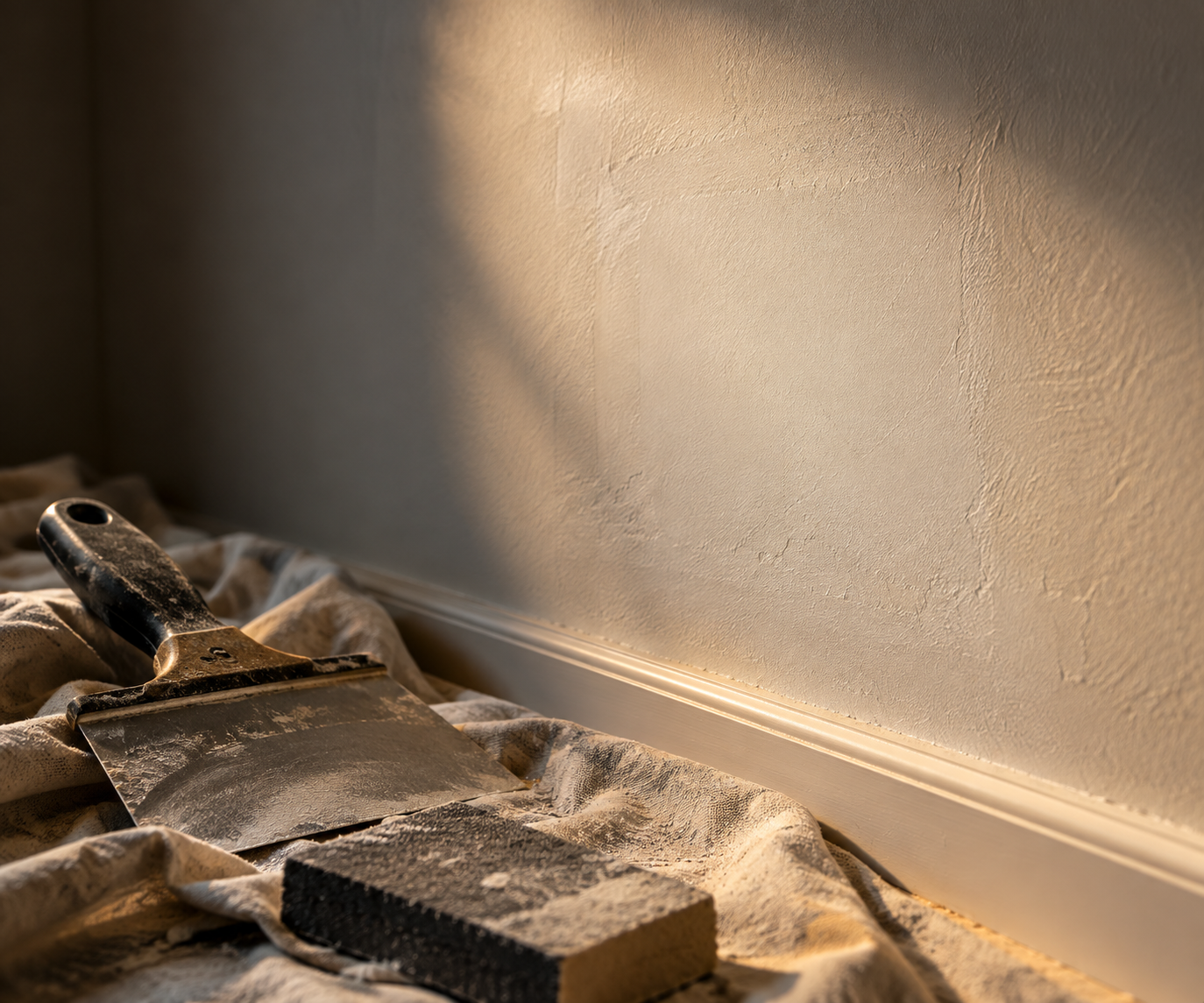 A finished drywall surface with a taping knife and sanding block